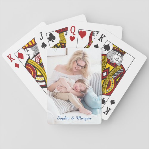 Your Photo  Names in Blue Script Playing Cards