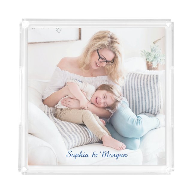 Your Photo & Name(s) or Message in Blue Script Acrylic Tray (Front)