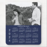 Your Photo Names Navy Blue 2024 Calendar Mouse Pad<br><div class="desc">Keep the person you love nearby with a personalized 2024 calendar mouse pad. Replace the sample photo and names with your own in the sidebar. The custom text is in an elegant white script font. Below it is a white 2024 calendar on a navy blue background. Makes a great gift...</div>