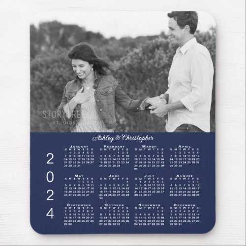 Your Photo Names Navy Blue 2024 Calendar Mouse Pad