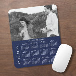 Your Photo Names Navy Blue 2025 Calendar Mouse Pad<br><div class="desc">Keep the person you love nearby with a personalized 2025 calendar mouse pad. Replace the sample photo and names with your own in the sidebar. The custom text is in an elegant white script font. Below it is a white 2025 calendar on a navy blue background. Makes a great gift...</div>