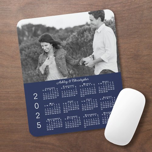 Your Photo Names Navy Blue 2025 Calendar Mouse Pad