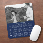 Your Photo Names Navy Blue 2026 Calendar Mouse Pad<br><div class="desc">Keep the person you love nearby with a personalized 2026 calendar mouse pad. Replace the sample photo and names with your own in the sidebar. The custom text is in an elegant white script font. Below it is a white 2026 calendar on a navy blue background. Makes a great gift...</div>