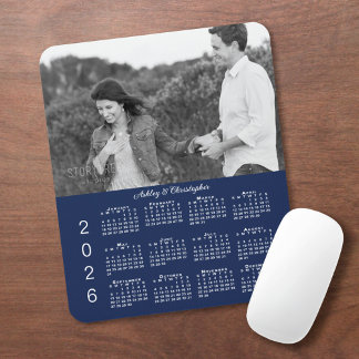Your Photo Names Navy Blue 2026 Calendar Mouse Pad