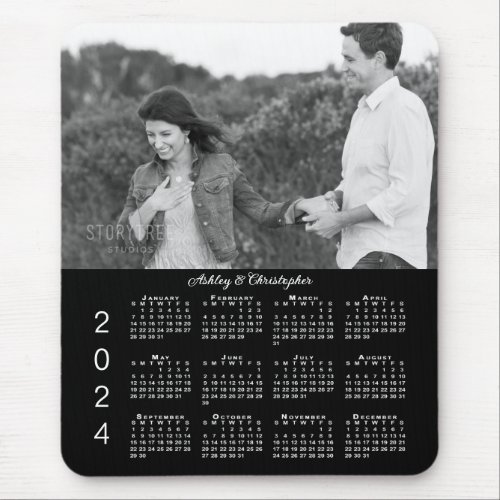 Your Photo Names Personalized Black 2024 Calendar Mouse Pad