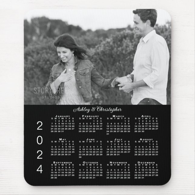 Your Photo Names Personalized Black 2024 Calendar Mouse Pad (Front)