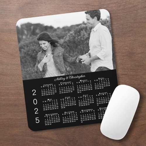 Your Photo Names Personalized Black 2025 Calendar Mouse Pad