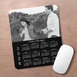 Your Photo Names Personalized Black 2026 Calendar Mouse Pad<br><div class="desc">Keep the person you love nearby with a personalized 2026 calendar mouse pad. Replace the sample photo and names with your own in the sidebar. The custom text is in an elegant white script font. Below it is a white 2026 calendar on a black background. Makes a great gift for...</div>