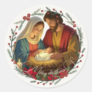 Your Photo Nativity Scene Baby Jesus in the Manger Classic Round Sticker