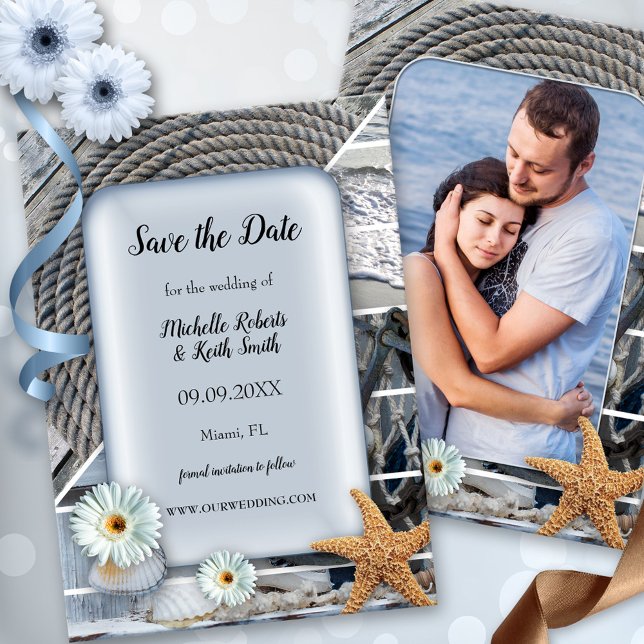 Your Photo Nautical Beach Save the Date Card (Save the Date card featuring a dusty blue design with a nautical theme and your custom photo)