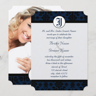 Your Photo Navy & Black Damask Wedding Invitation