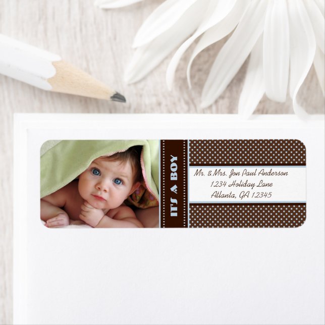 Your Photo New Baby It's A  Boy Brown & Blue Dots Label (Insitu)