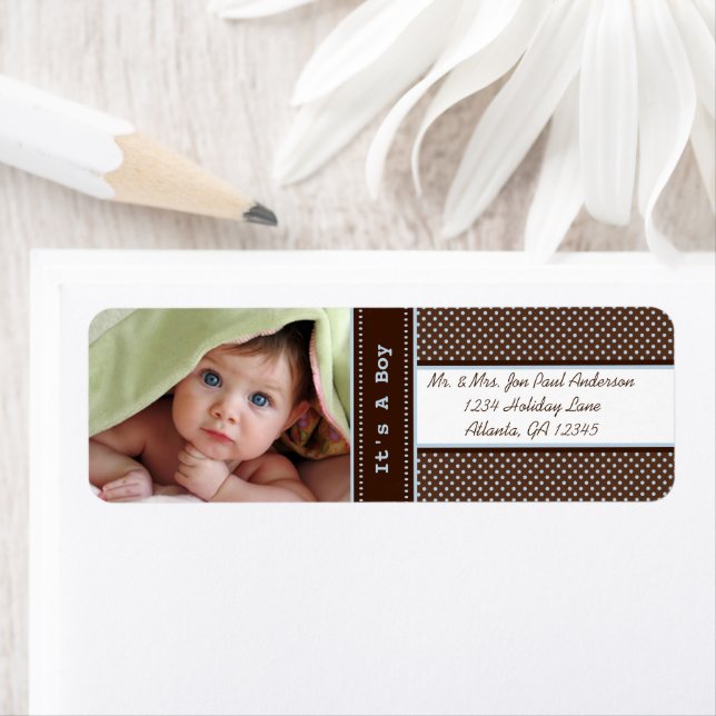 Your Photo New Baby It's A  Boy Brown & Blue Dots Label (Insitu)