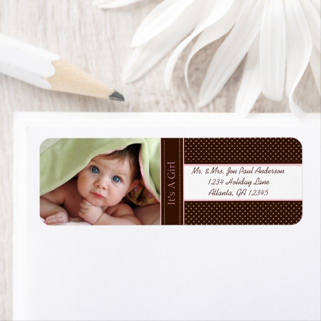 Your Photo New Baby It's A  Girl Brown & Pink Dots Label (Insitu)