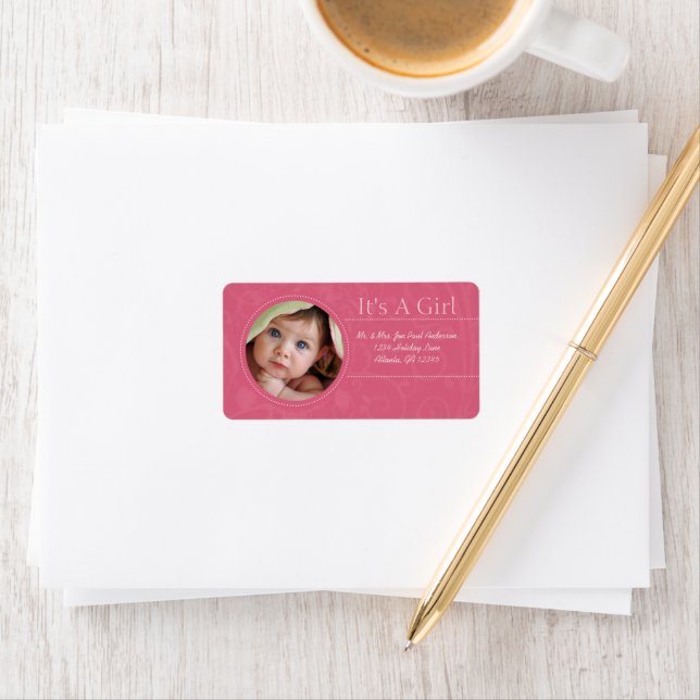 Your Photo New Baby It's A  Girl Brown & Pink Dots Label (Insitu)