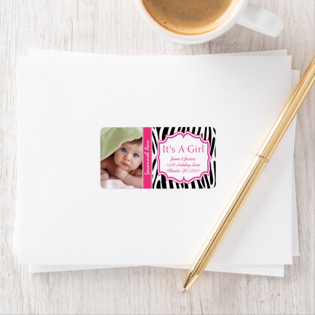 Your Photo New Baby Its A Girl PINK Trendy Zig Zag Label (Insitu)