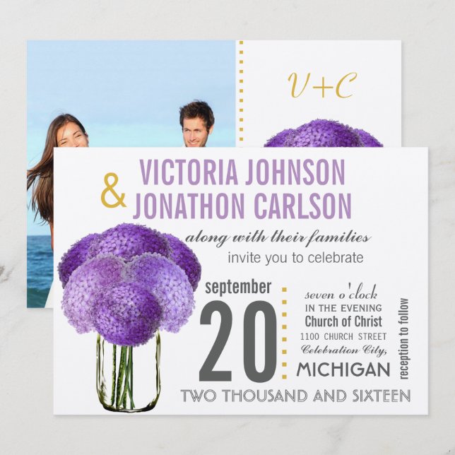 Your Photo on Back Hydrangea in a Mason Jar Invitation (Front/Back)
