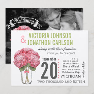 Your Photo on Back Hydrangea in Mason Jar Invitation