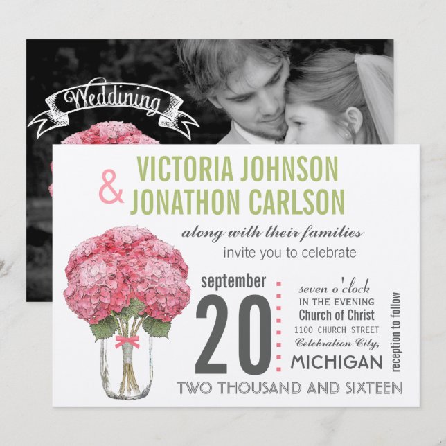 Your Photo on Back Hydrangea in Mason Jar Invitation (Front/Back)