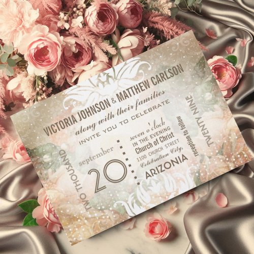 Your Photo on Back Rose Gold Heirloom Wedding Invitation