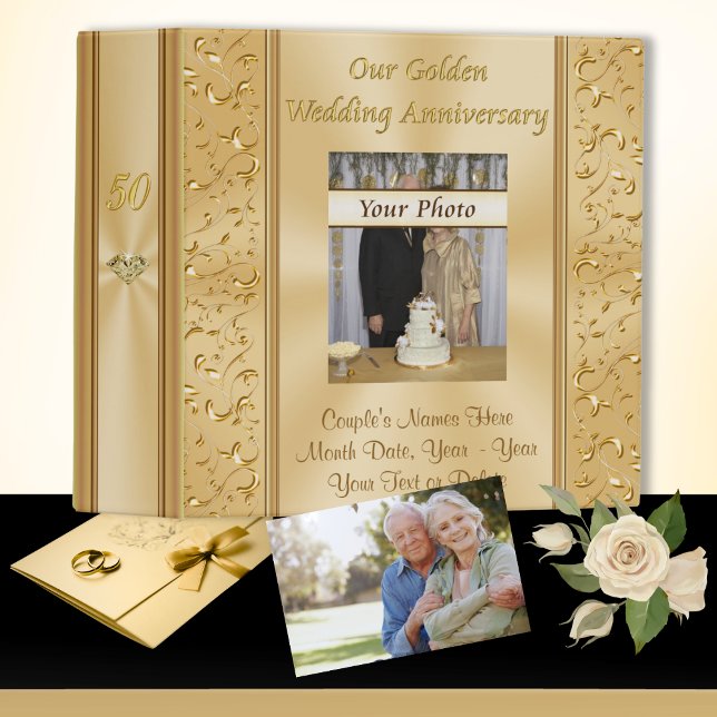 Your Photo on Gold 50th Wedding Anniversary Album 3 Ring Binder (50th Wedding Anniversary Photo Album. 50 year anniversary, Binder. Gifts for golden anniversary.)