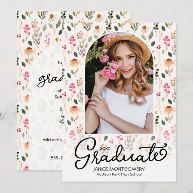 Your Photo on Wildflower Graduation Party Invitation (Front/Back)