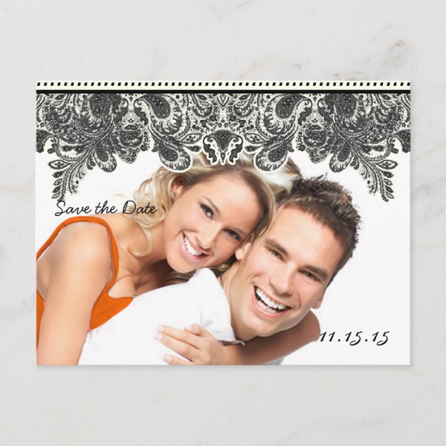 Your Photo Paisley Peacock in  Gray Save The Date Announcement Postcard (Front)