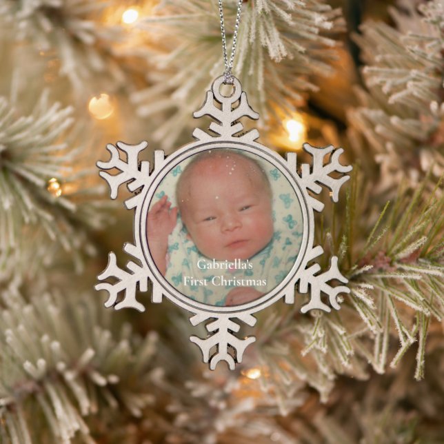 Your Photo Personalized Baby First Christmas Snowflake Pewter Christmas Ornament (Tree)
