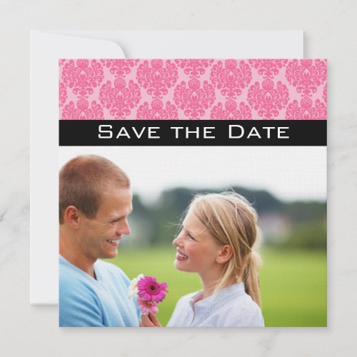 Your Photo Pink Black Damask Wedding Save the Date Invitation