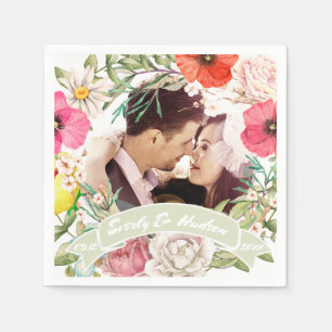 Your Photo Pink Red Yellow Rose Wedding Wreath Paper Napkins
