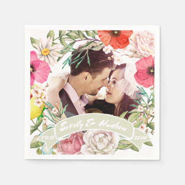 Your Photo Pink Red Yellow Rose Wedding Wreath Paper Napkins (Front)