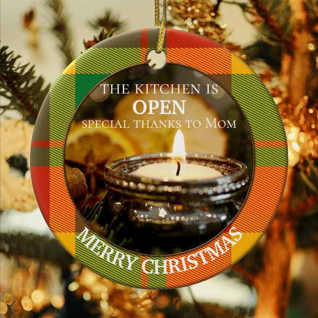 Your Photo Plaid Kitchen Personalized Christmas Ceramic Ornament (A feel-good Christmas ornament featuring your own custom photo framed by a colorful plaid design)