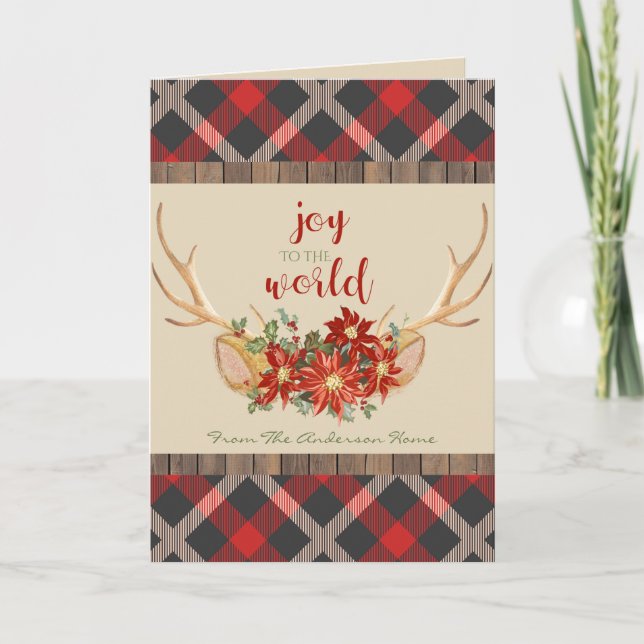 YOUR PHOTO   Plaid Woodland Antlers Christmas Holiday Card (Front)