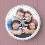 Your Photo Printed on a Round Clock<br><div class="desc">Family clock. Personal choice of photo on a Wall Clock. Add your own photograph. Upload your own photograph to replace the placeholder image. It should automatically become circular in shape. Family memento. Photo of your loved one or loved ones that you see each time you check the time.</div>