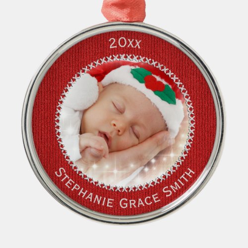 Your Photo Red Knit Pattern Picture Frame Round Metal Ornament