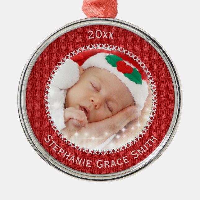 Your Photo Red Knit Pattern Picture Frame Round Metal Ornament (Front)