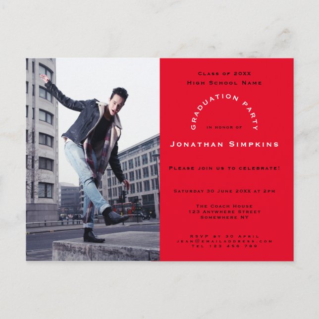 Your Photo/Red/Typography/Graduation Party Invitation Postcard (Front)