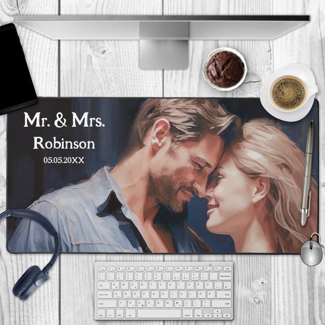 Your Photo Romantic Love Wedding Desk Mat (Wedding or engagement desk mat featuring your own photo or a romantic illustration)