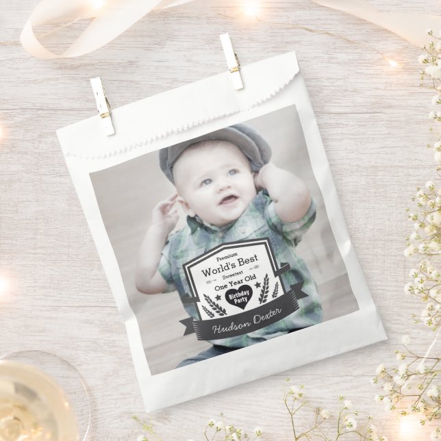 Your Photo Rustic Chalkboard Folk Art One Year Old Favor Bag (Clipped)