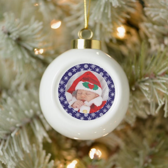Your Photo Santa Baby Blue Background Snowflakes Ceramic Ball Christmas Ornament (Tree)