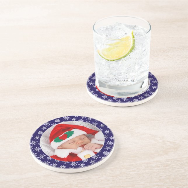 Your Photo Santa Baby Blue Background Snowflakes Coaster (Side)