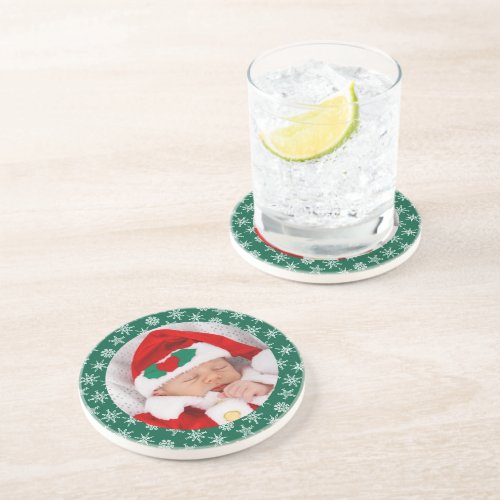 Your Photo Santa Baby Green Background Snowflakes Coaster