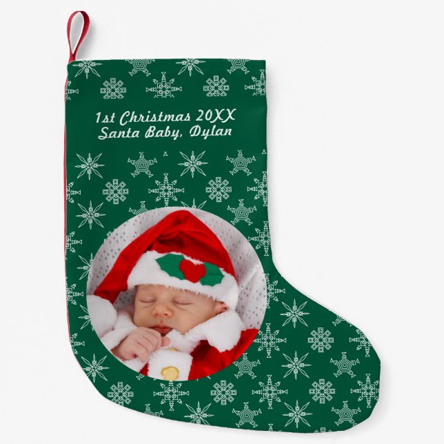 Your Photo Santa Baby Snowflake & Green Background Small Christmas Stocking (Front)