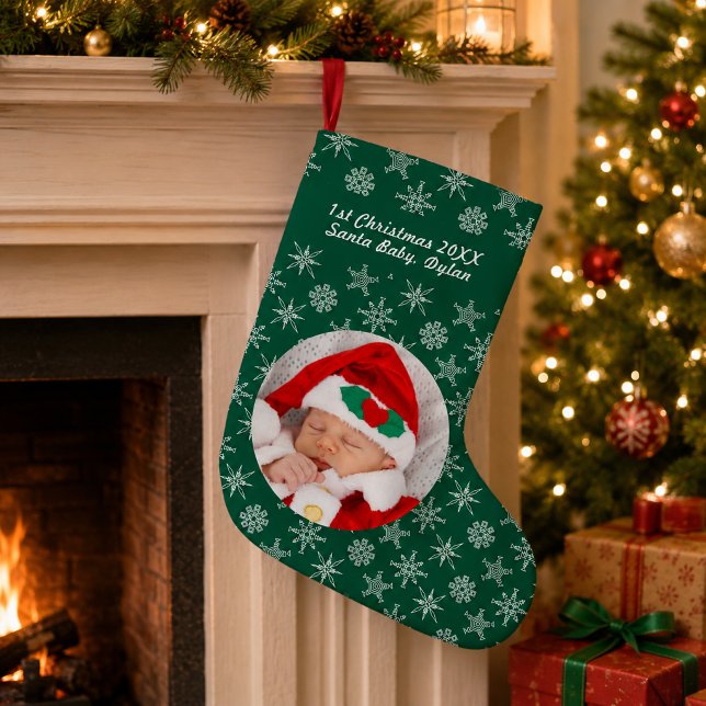 Your Photo Santa Baby Snowflake & Green Background Small Christmas Stocking (Your Photo Santa Baby Snowflake & Green Background Small Christmas Stocking)