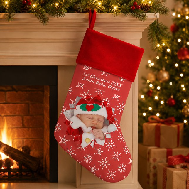 Your Photo Santa Baby Snowflake & Red Background Christmas Stocking (Your Photo Santa Baby Snowflake & Red Background Christmas Stocking)