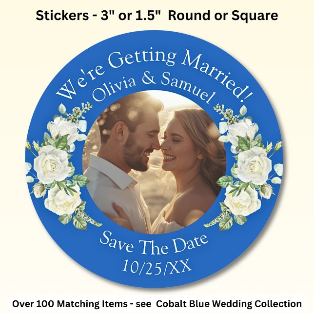 Your Photo, Save The Date, Cobalt Blue & White Classic Round Sticker (Creator Uploaded)