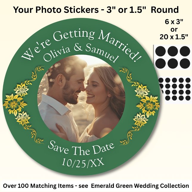 Your Photo, Save The Date, Emerald Green & Gold Classic Round Sticker (Creator Uploaded)