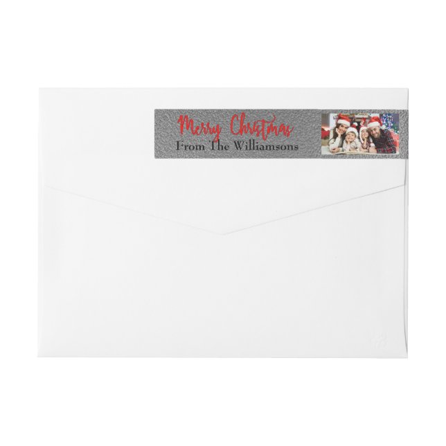 Your Photo Silver Merry Christmas Address Wrap Around Label (Back)