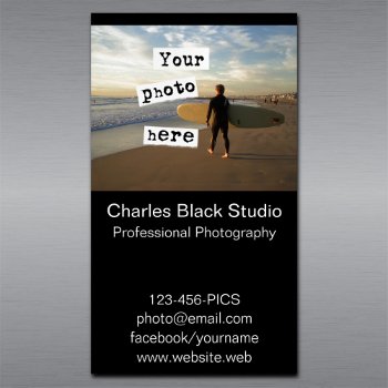 Your Photo Simple Black Photography Photograph Magnetic Business Card by jennsdoodleworld at Zazzle