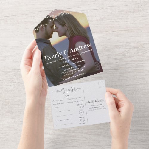 Your Photo Simple Modern String Lights Wedding All All In One Invitation
